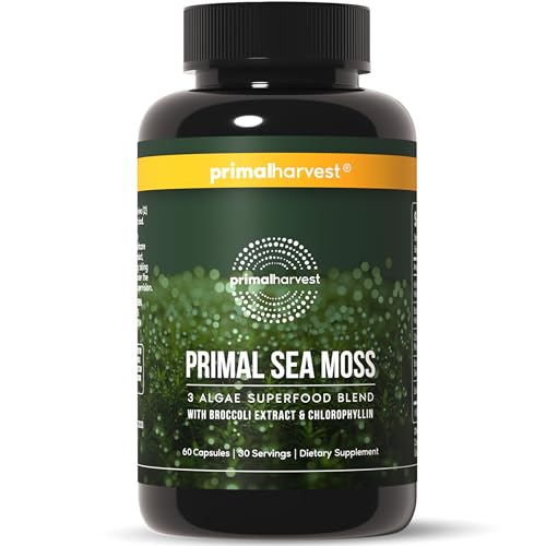 Primal Harvest Sea Moss Capsules with Bladderwack and Irish Sea Moss, Chlorella, Broccoli Seed Extract Plant-Based Supplements for Adults