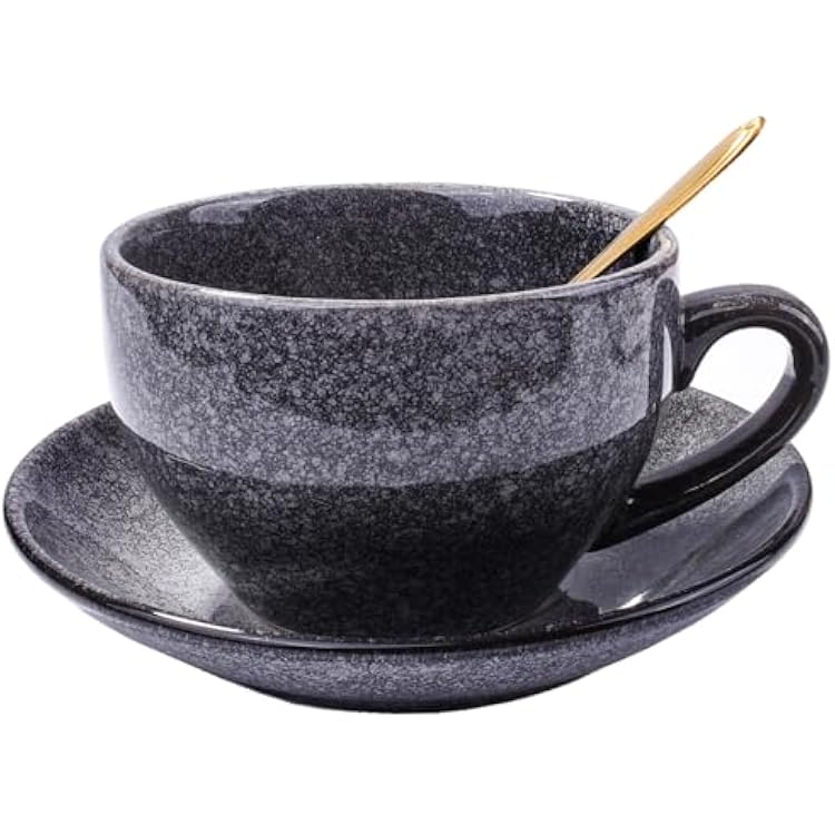 Coffee Cup with Spoon and Dish Microwave Safe Tea Mug Ceramic Cappuccino Barista Cup 10 oz Drinking Cups for Breakfasts Tea Parties Afternoon Teas Gray