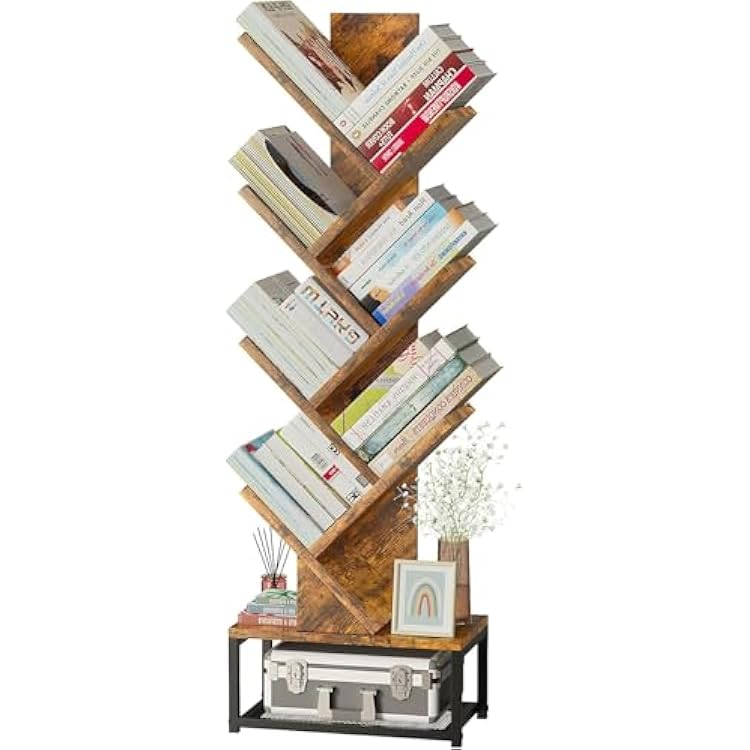 EasyCom Tree Bookshelf Metal Base, 7 Tier Bookcase Storage, Floor Standing Bookshelf Organizer for MoviesCDsBooks, Wood Book Storage Rack for BedroomLiving RoomHome Office Brown