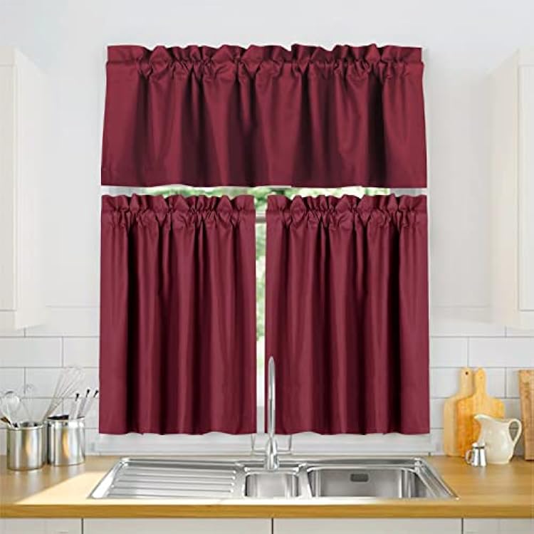Valea Home Blackout Valance and Tiers Curtains 36 inch Length Set for Kitchen and Bathroom, Burugndy