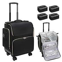 OCHEAL Hairstylist Traveling Case with 4 Clear Travel Makeup Bags Set, Cosmetic Makeup Trolley Train Case Hairdresser Case with Detachable Pouch & 360 Rotatable Wheels for HairdressingTool Organizer
