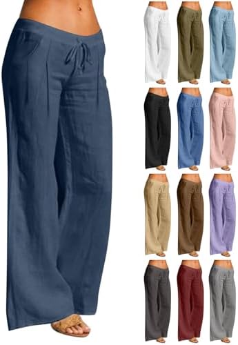 Linen Pants Women Wide Leg Drawstring Elastic Waist Linen Cotton Blend Pants Casual Loose Trousers with Pockets