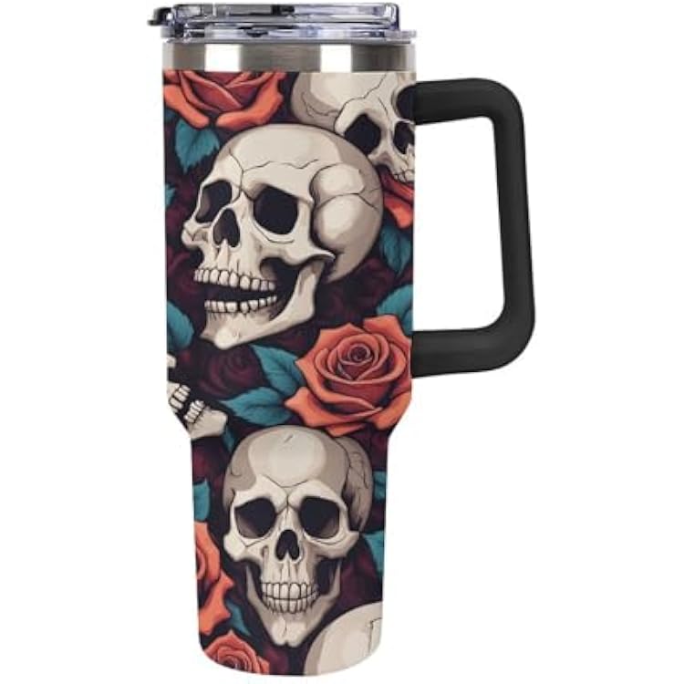 40oz Insulated Stainless Steel Tumbler with Handle, Floral Rose Skull Skeleton Leakproof Water Bottles Travel Mug with Lid And Straw for Water, Iced Tea Or Coffee for Most Car Cup Holder