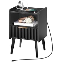 MAHANCRIS Black Nightstand with Charging Station, Modern Bedside Table with Drawer and Storage Shelf, End Side Table with Solid Wood Legs, Night Stand, Living Room, Bedroom, Small Space, ETBK61E01