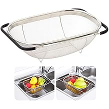 Over The Sink Stainless Steel Oval Colander with Expandable Rubber Grip Handles Strainers, Fine Mesh Strainer Basket Kitchen 6 Quarts Colander for Strain, Drain, Rinse Fruits, Vegetables