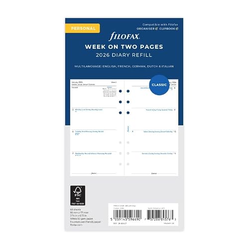 Filofax Calendar Diary Refill, PersonalCompact Size, Week-to-View, White Paper, Unruled, Multilingual: Five Languages, 2026 C68427-26