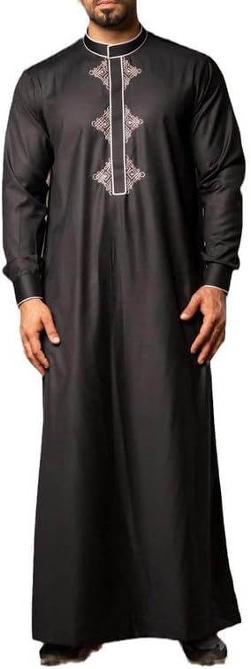 VIVICOLOR Men's Arab Thobe Embroidered Muslim Thobe Mens Long Sleeve Islamic Robe Middle East Saudi Thawb Kaftan
