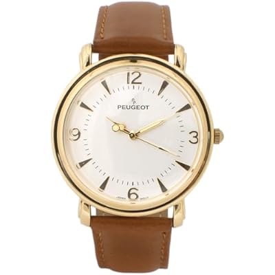 Peugeot Mens Slim Case Metal Dress Watch with Leather Wrist Strap Chocolate