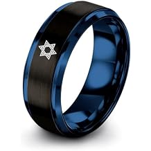 Torah star Of David Ring - Gift for Jewish Faith Fan - 8mm - Personalized Custom Engraving - Yellow Gold Black Silver Blue - Tungsten - Men Women - Band - Brushed Polished - Anniversary Wedding - Flat