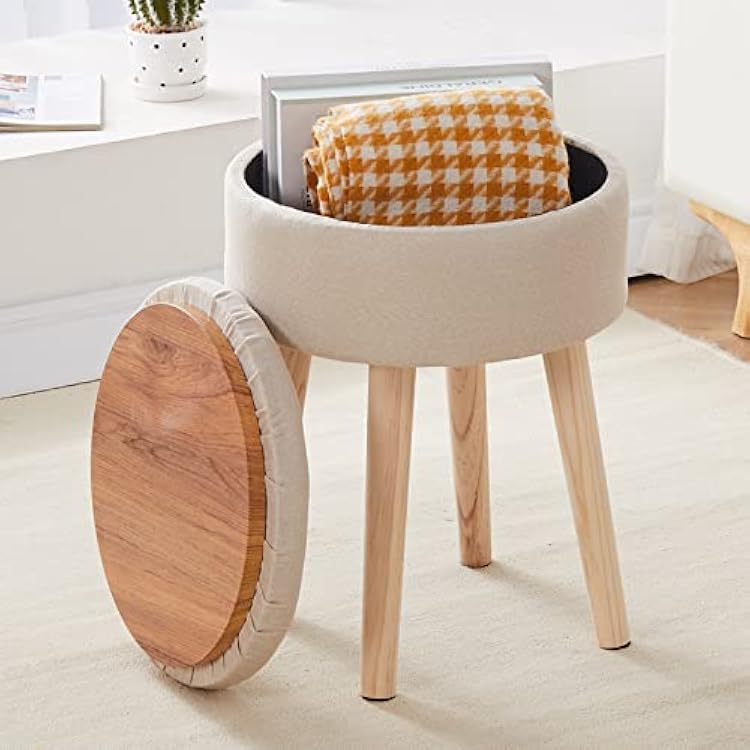 Mxfurhawa Storage Ottoman Linen Round Vanity Stool Tray Top Modern Foot Stool with Wood Legs Multifunctional Upholstered Foot Ottoman Rest for Living Room, Bathroom, Makeup Beige