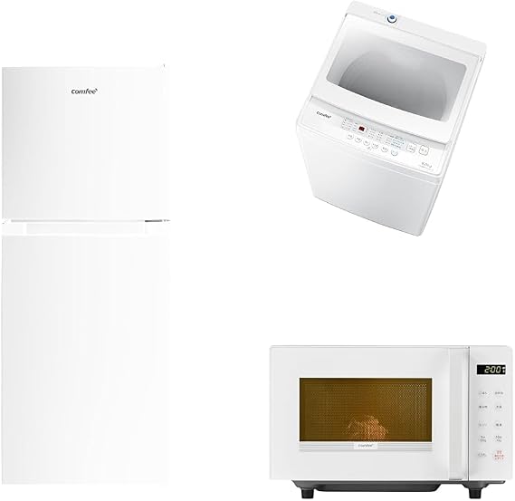 Comfee 3-Piece Refrigerator White + Washing Machine 132 L White + 13.2 lb 6 kg White + Microwave 16 L White Flat Table, Living Alone, New Home Appliance Set