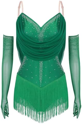 Women Latin Dance Dress Ballroom Costumes Cutout Fringed Bodysuit Salsa Cha-Cha Samba Rumba Dancewear