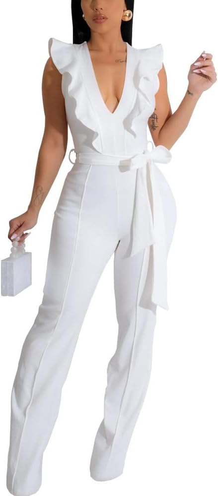 HBQ Womens Casual One Piece Jumpsuits V-Neck Sleeveless Ruffle Elegant Romper Wide Leg Pant Sexy Party Clubwear Overalls