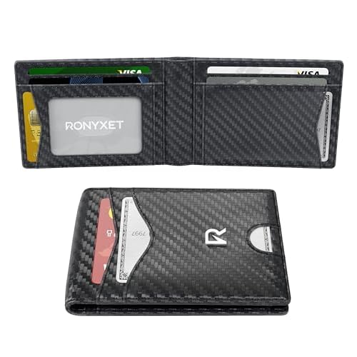Ronyxet Slim Wallet for Men with Money Clip, Leather RFID Blocking Mens Wallet, Minimalist Credit Card Holder, Front Pocket Bifold - Gift Box Included Money Pocket, Black Carbon