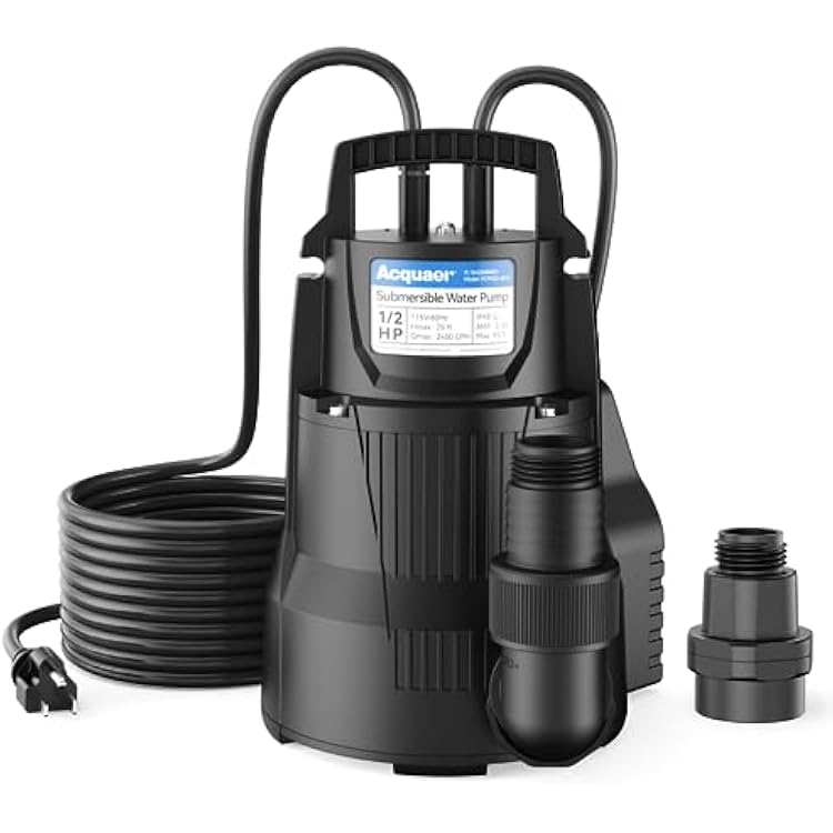 Acquaer 12 HP Automatic Sump Pump, 2450 GPH Submersible Water Pump with 34Garden Hose Check Valve Adapter, Thermoplastic Utility Transfer Pump for Flooded Basement Pools Tub Draining, 19ft Cord