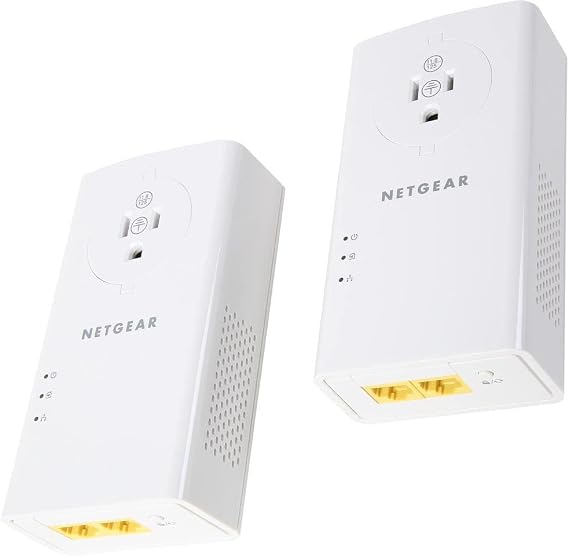 NETGEAR Powerline Adapter Kit, 2000 Mbps Wall-Plug, 2 Gigabit Ethernet Ports with Passthrough + Extra Outlet (PLP2000-100PAS), uses Your existing Internet Service via Household Wiring