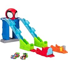 Marvel Spidey and His Amazing Friends Spideys Mega Jump HQ Track - 39-Inch Dual Race Track with Elevator, Control Center, Web Tunnels and Two Exclusive Amazing Metals Vehicles