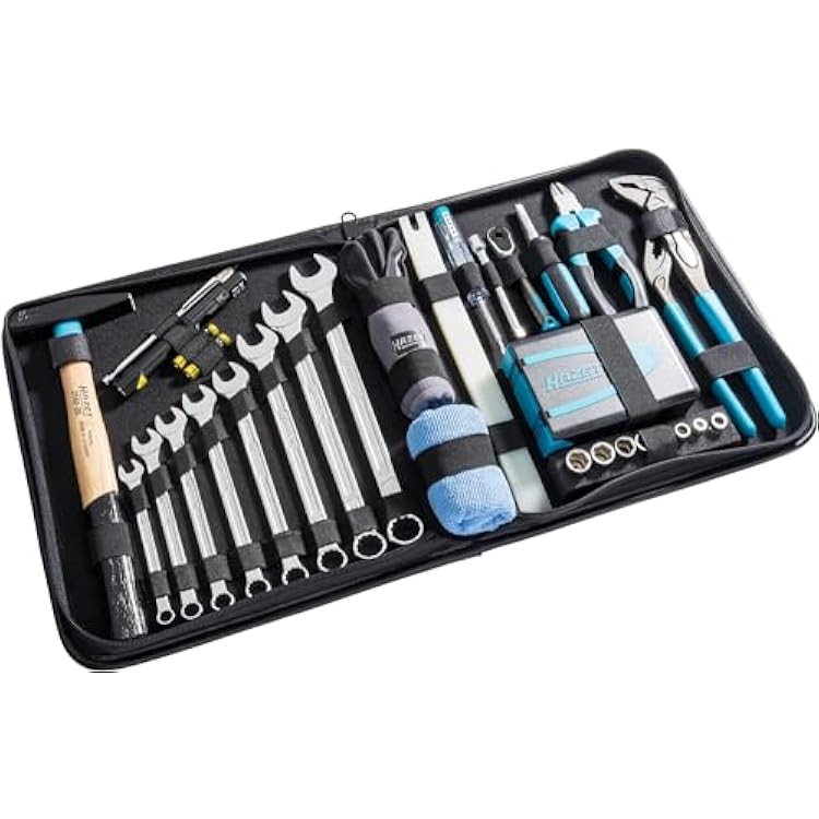 Hazet 152064 Premium Leather Case Flexible Applications for Household and Workshop Including Hammer, Pliers, Ring Spanner, Bit Set, 14 Inch Reversible Ratchet Ratchet, 64 Tools