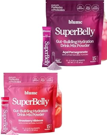 Blume SuperBelly Gut Health + Hydration, Daily Sugar Free Probiotics, Prebiotic Fiber, and Electrolytes Powder Packets for Digestion Support, Variety - Strawberry Hibiscus, Acai Pomegranate, 30 Sticks