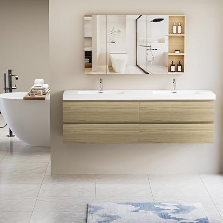 Bathroom Vanity with Sink,Modern Floating Cabinet with Soft Close Door Drawers Oak, 72 inches Bathroom Vanity with Double Sink