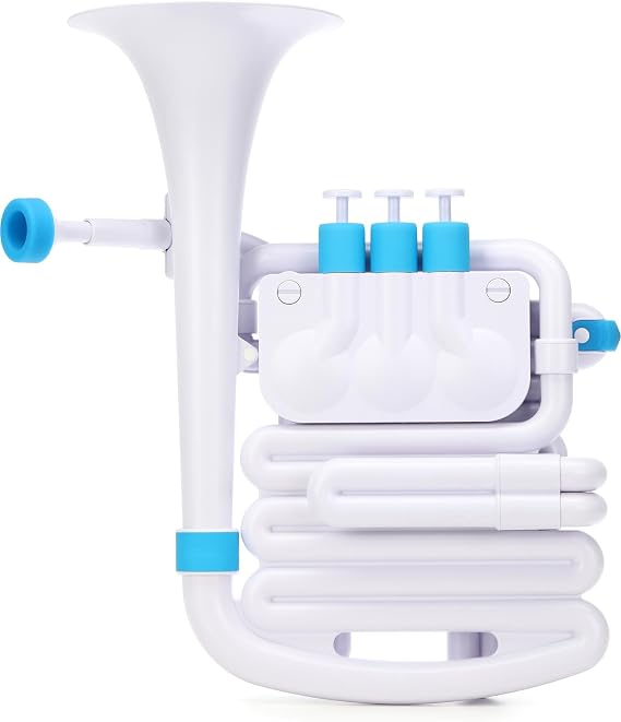 Nuvo jHorn Beginner Instrument for Trumpet, Euphonium & Tuba, White/Blue | Selectable B-flat and concert C pitch, low, middle & high-brass mouthpiece cups, ambidextrous, fingering chart