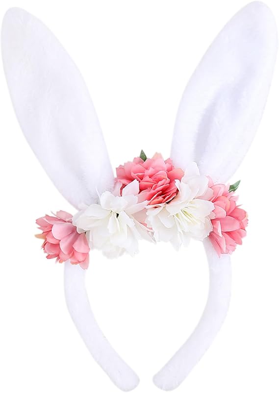 AIUPUOC Easter Bunny Ears Headband for Women Spring Rabbit Ears Hair Bands Pink Flower Crown Headwear Accessories
