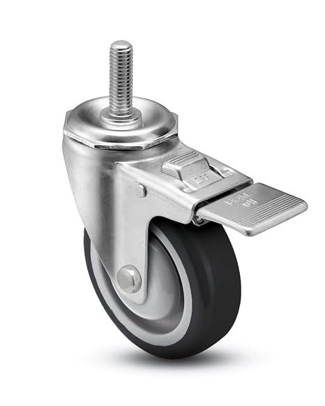 CasterHQ - 3-1/2" X 1.25" Black Polyurethane ON POLYOLEFIN Wheel - 1/2"-13x1-1/2" Threaded Stem - Total Locking Swivel Caster - 300 LBS Cap