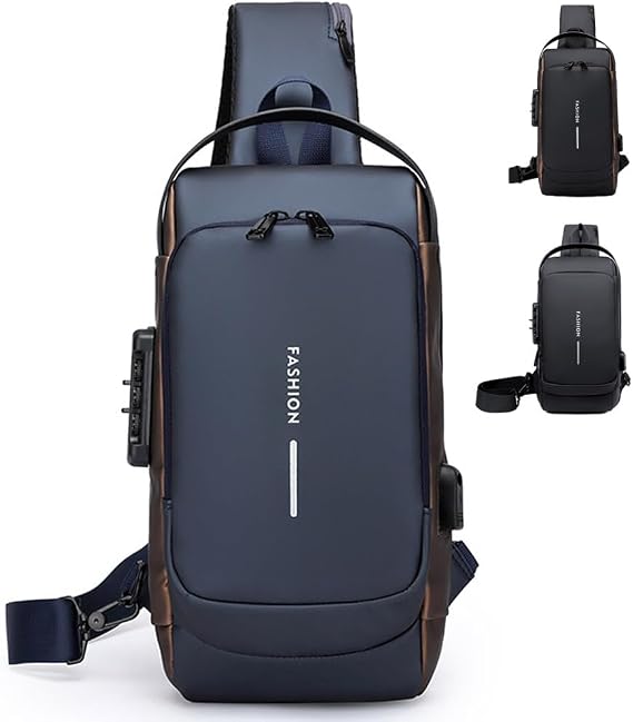 Travel Sling Bag Waterproof Crossbody Bag with Combination Lock Anti-Theft PU Leather Chest Bag with USB Charging Hole Shoulder Backpack Blue, Blue, M, Crossbody Bag