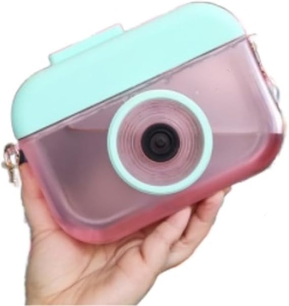 Water Bottle Creative Camera Cute Water Bottle with Straw Water Cup Portable Shoulder Strap School Office Kettle(Pink)