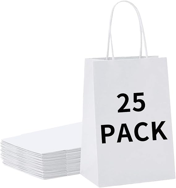 BAG BOX 25 Pack 8.25x4.3x10.6 Inch White Gift Bags with Handles,Bulk Kraft Paper Bags for Shopping, Retail, Merchandise, Wedding, Party Favors, Paper Grocery Sacks