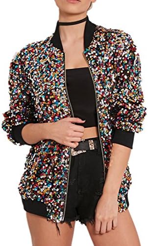 Cresay Womens Sequin Fitted Long Sleeve Zipper Blazer Bomber Jacket