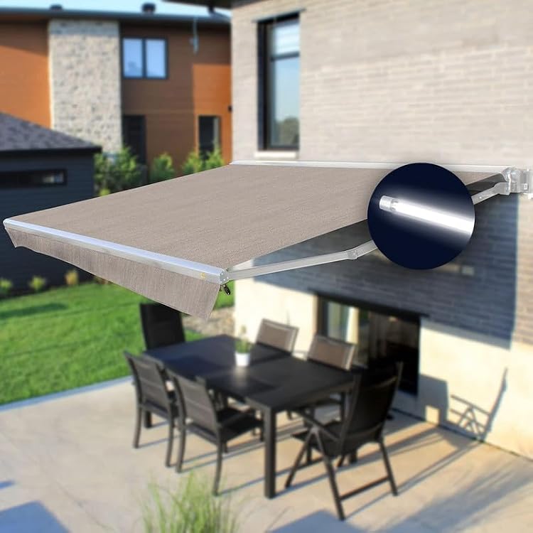 Motorized Awning | Retractable Sun Shade White Casing with LED | Includes Remote Control & Wind Sensor | Brasilia Europa Collection | 10 W x 8 L - Rain