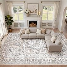 10x14 Area Rugs Living Room: Washable Boho Large Neutral Vintage Soft Rug Stain Resistant Farmhouse Non Slip Indoor Floor Carpet for Bedroom Nursery Kids Playroom Office Dining Room- Ivory Gray