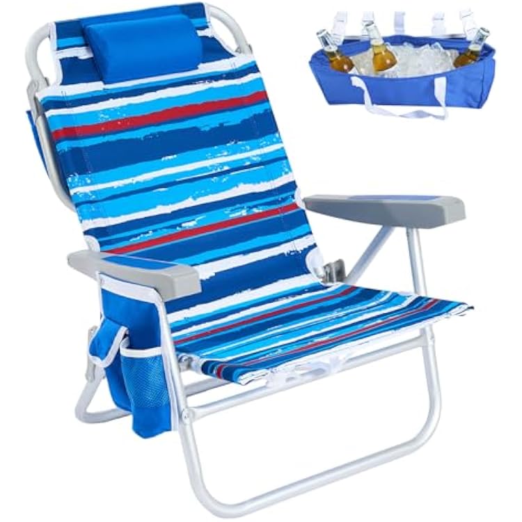 SUNNYFEEL Low Beach Chair 5 Position Lay Flat, Portable Folding Backpack Beach Chairs Heavy Duty with Cooler Bag, Cup Holder for OutdoorLawnPicnicFishing, Foldable Camping Chair New BlueStripe