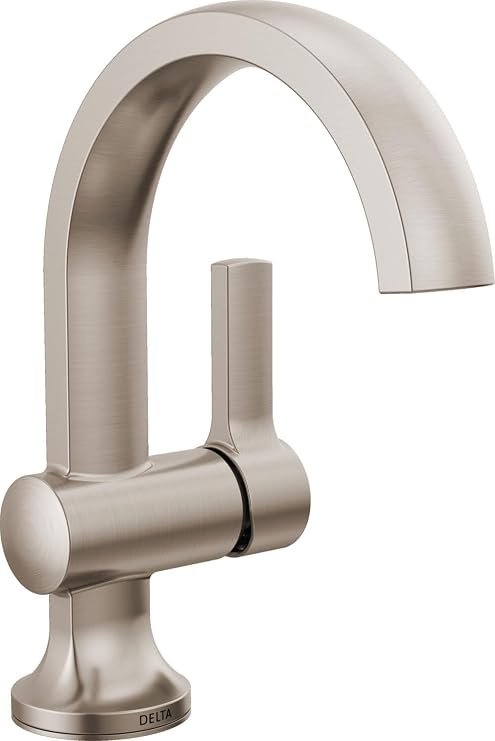 Delta Albion Brushed Nickel Bathroom Faucet 1 Hole, Single Hole Bathroom Sink Faucet for Vanity, Metal Push-Pop Drain Assembly, SpotShield Brushed Nickel 15855LF-SP