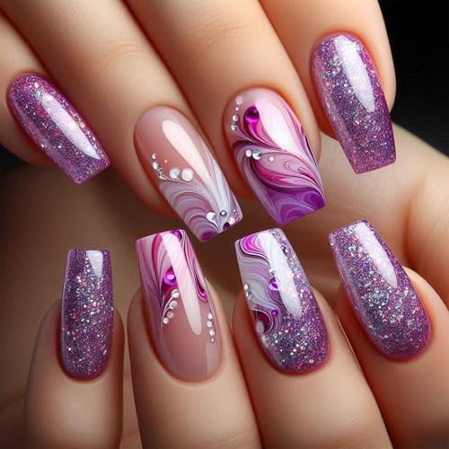 Art Press on Nails Medium Coffin Fake Nails Purple Glitter Starlit Sky False Nails with Pearl Designs Glossy Full Cover Stick on Nails Glue on Nails Acrylic Nails for Women Girls 24 Pcs