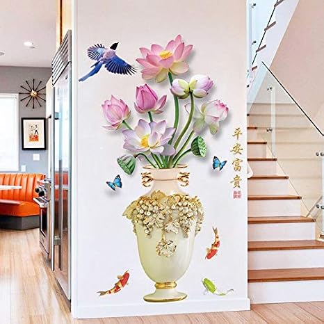 Stick Wall Decals Chinese Style Exquisite Vase Wall Sticker 3D Flower Teenager Bedroom Bathroom Living Room Decoration Self Adhesive Wallpaper Art