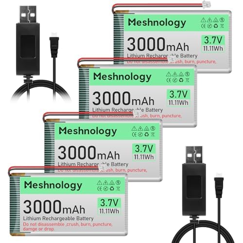 4PCS 3.7V 3000mAh Li Battery with USB Charger Cable 103665 1S LiPo Battery with Protection Board Insulated Rubber Tape and Micro JST 1.25 Plug for Arduino ESP32 Module Board Drone RC Car