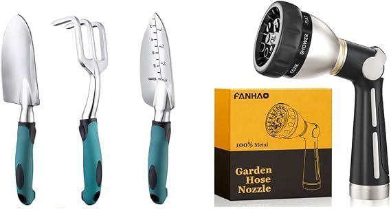 FANHAO Heavy Duty Gardening Tools + Garden Hose Nozzle Thumb Control