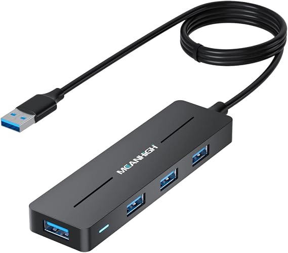 USB Hub, 3.0 4-Port Ultra-Slim Data USB Expander with 4 FT Extended Cable Compatible with MacBook, Mac Pro, Mac mini, iMac, Surface Pro, XPS, PC, Flash Drive, Mobile HDD (Black)