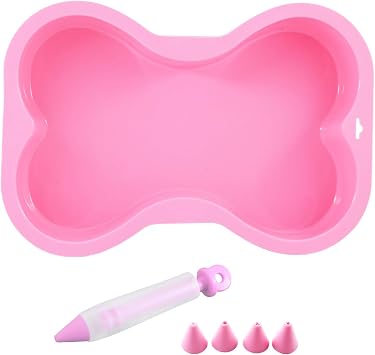 HINMAY Dog Birthday Cake Mold Silicone Bone Shape Cake Pan with Decorating Pen (Pink, 10")