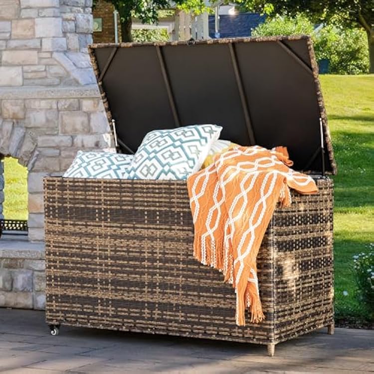 MEISSALIVVE 178 Gallon Outdoor Storage Box, Handle Large Portable Wicker Rattan Deck Box for Patio Furniture Cushions, Patio Deck Box with 2 WheelsThrow Pillows, Garden Tools and Pool Floats Brown