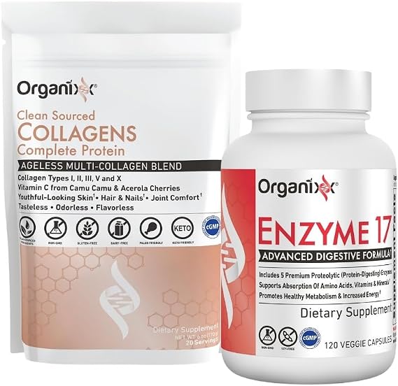 Organixx Clean Sourced Collagens (20 Serv) & Enzyme 17 (80 Caps) Bundle, Hydrolyzed Collagen Protein Plus Digestive Enzymes with Tri-Phase Protease, Supports Digestion, Immunity & Joints, Gluten Free