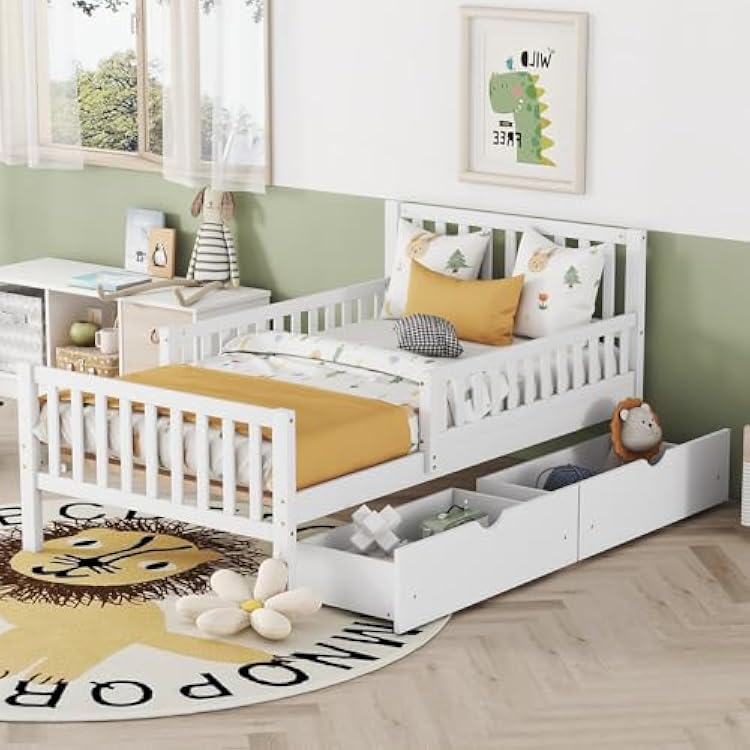 Wood Platform Bed Frame Twin Size Wooden Foundation with Two Storage Drawers & Headboard & Guardrails, Wood Slats SupportNo Box Spring NeededEasy Assembly, White Twin Size