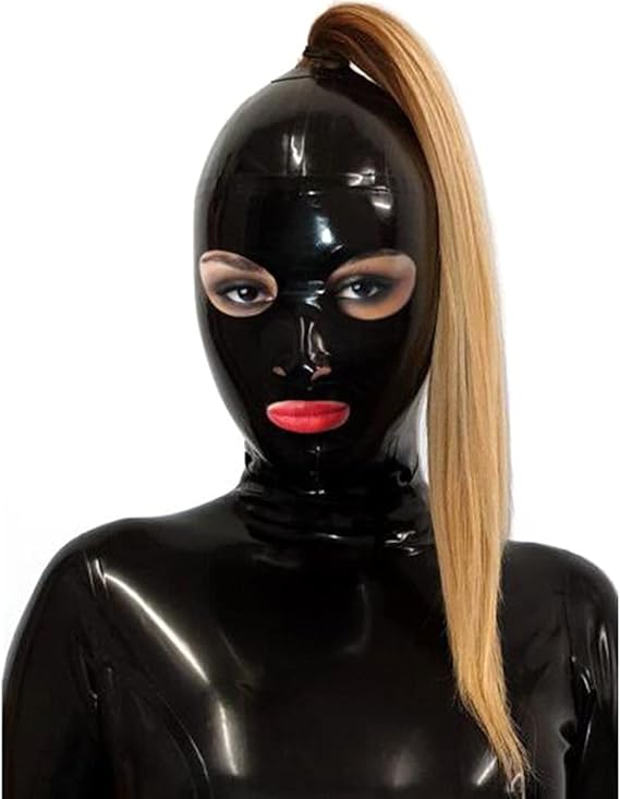 Black Latex Hood with Hair Braid Hole(Not Wig) Back Zipper Rubber Mask for Women