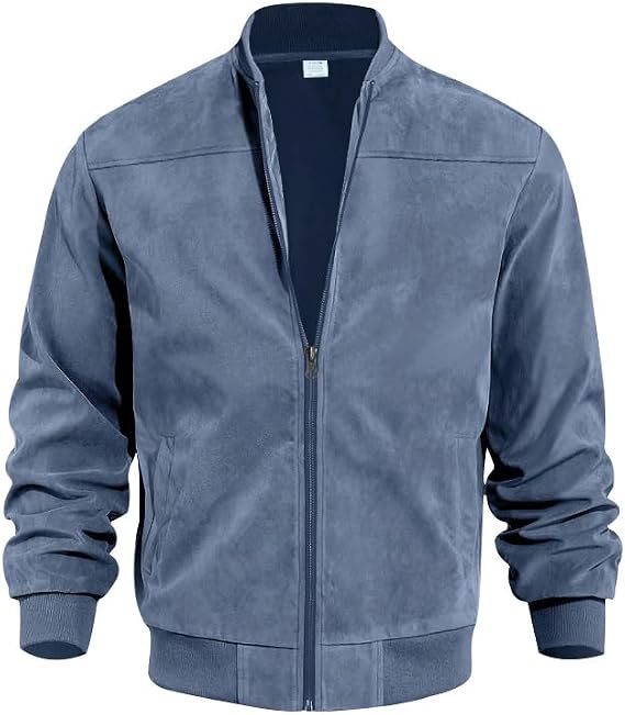 Suede Bomber Jacket Men Lightweight Wind Breaker Leather Zip Up Fall Winter Coat