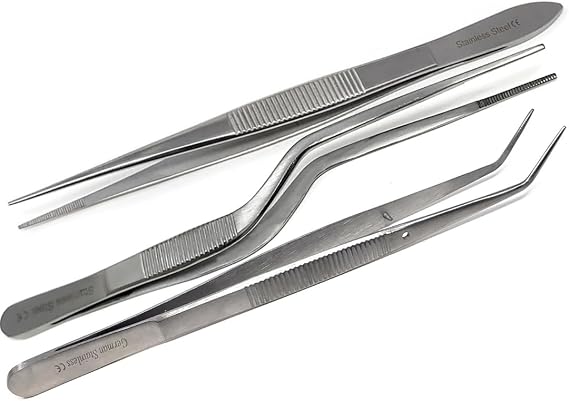 3 Pcs Kitchen Garden Tweezers Set Narrow Handle Stainless Steel 6" Straight and Curved Mini Pliers Pickup Tongs for Miniature Gardening Plant Care