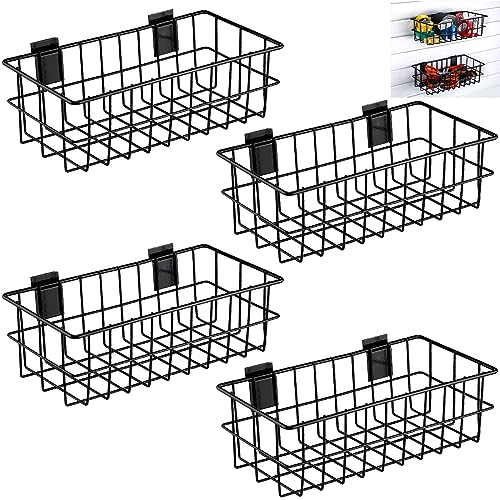 Hicarer 4Pcs Metal Slatwall Baskets and Bins Set Hanging Storage Baskets for PVC Slatwall Mounted Accessories Storage Display on Garage Panels12.5x6.5x4,Black