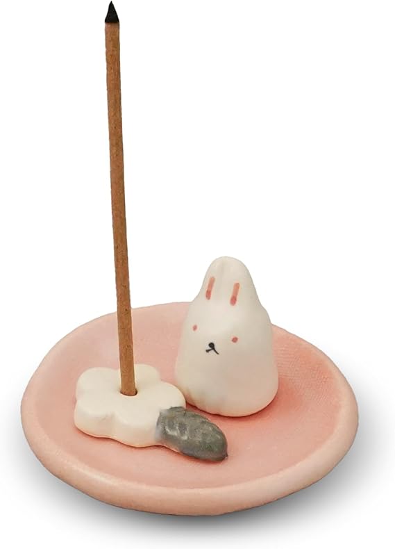 Charming Animal Series Ceramic Incense Holder, Japanese Pottery, Perfect for Relaxation and Concentration, Made in Japan (Florets and Rabbit)