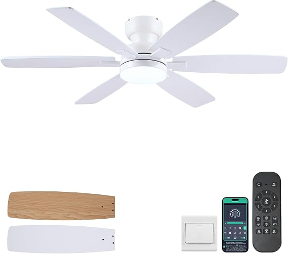 Kviflon 52" Ceiling Fans with Lights, Low Profile Ceiling Fan with Light and Remote/APP Control, Flush Mount Ceiling Fan with 6 Reversible Fan
